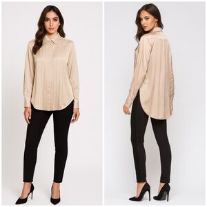 BCBGMAXAZRIA Beige Pleated Long Sleeve Hi Lo Button Front Blouse, Bust 36”